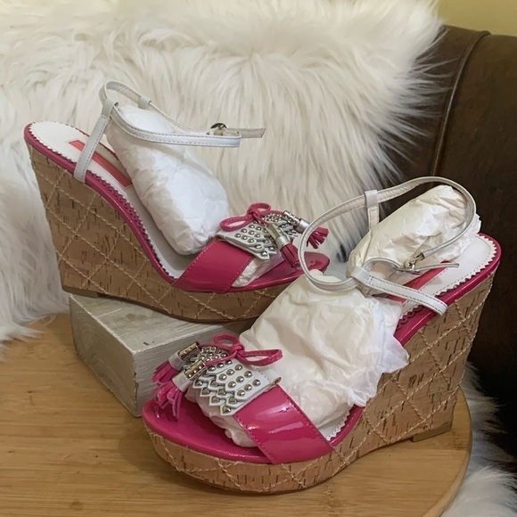 Betsey Johnson NIB Leather Honest Fuchsia Cork Wedge Platform Espadrille Heels 7 - Picture 6 of 17